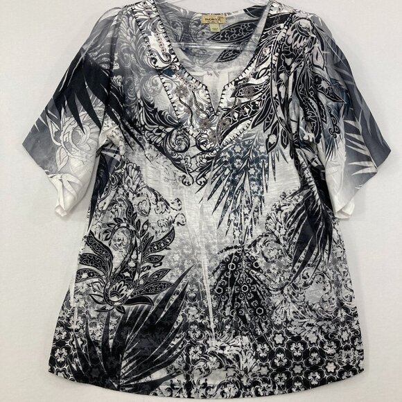 ONE WORLD Tops - One World size XL Black White Boho Beaded Split Neck Stretch Blouse Casual